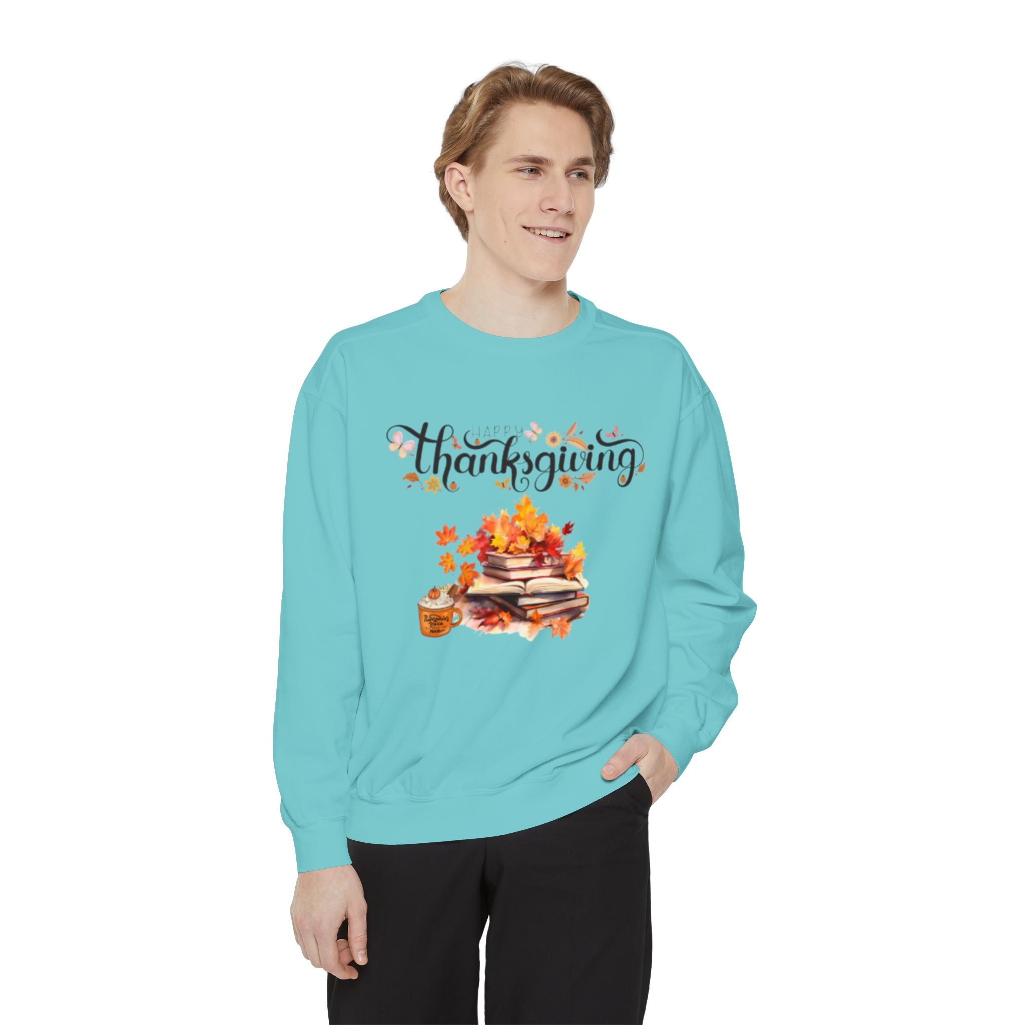 Thanksgiving Cozy Sweatshirt — Autumn Leaves & Pumpkin Pie Graphic