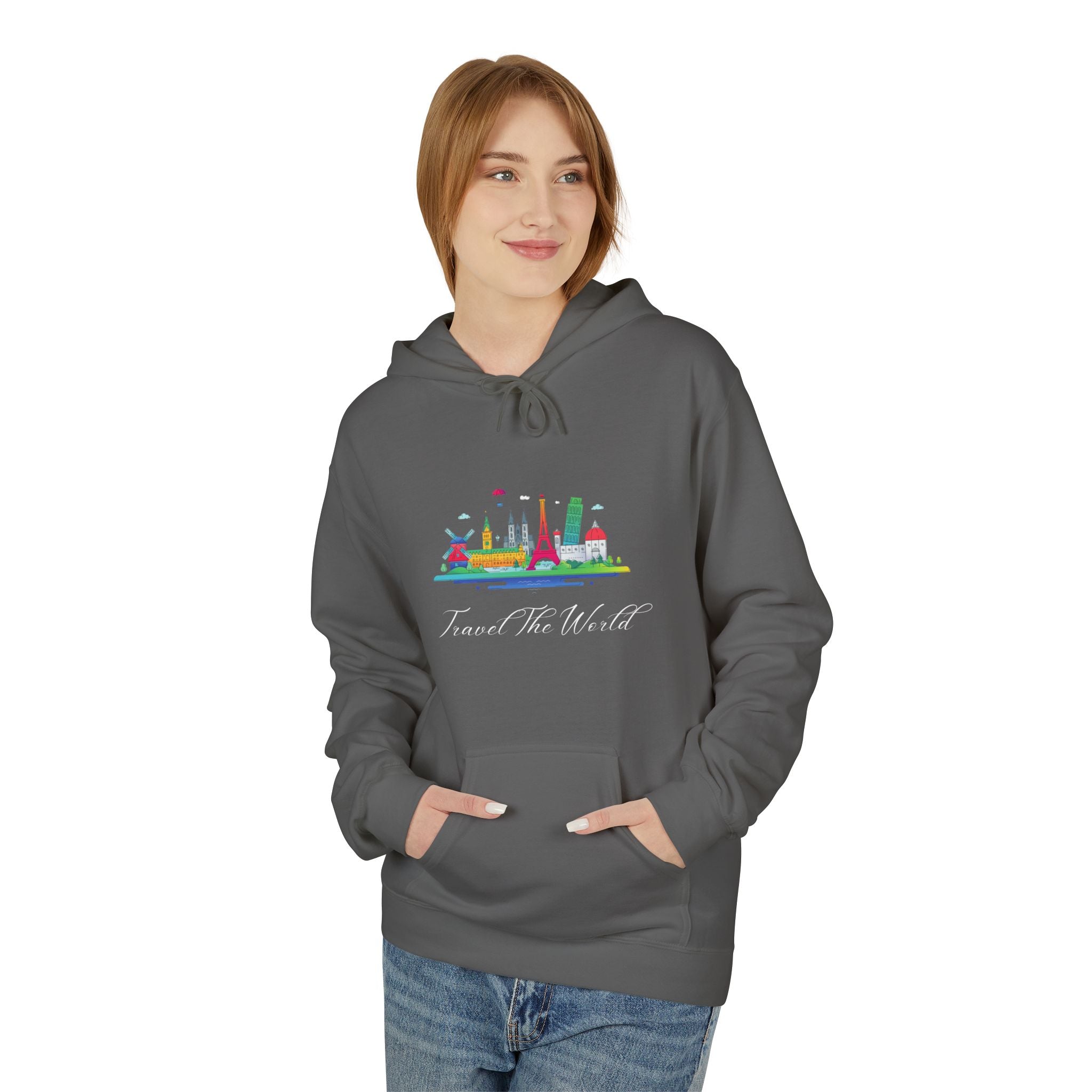 Travel The World Hoodie — Colorful Skyline Travel Pullover