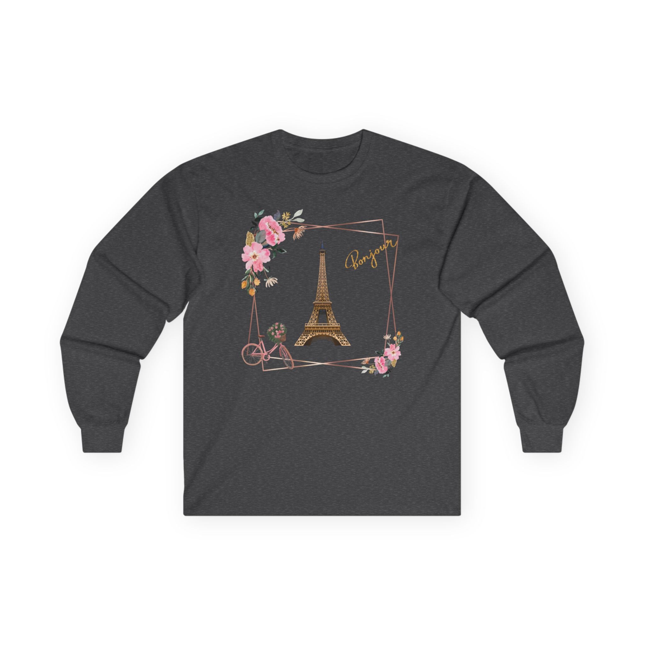 Paris Eiffel Tower Floral Long Sleeve Tee — Bonjour Script Design