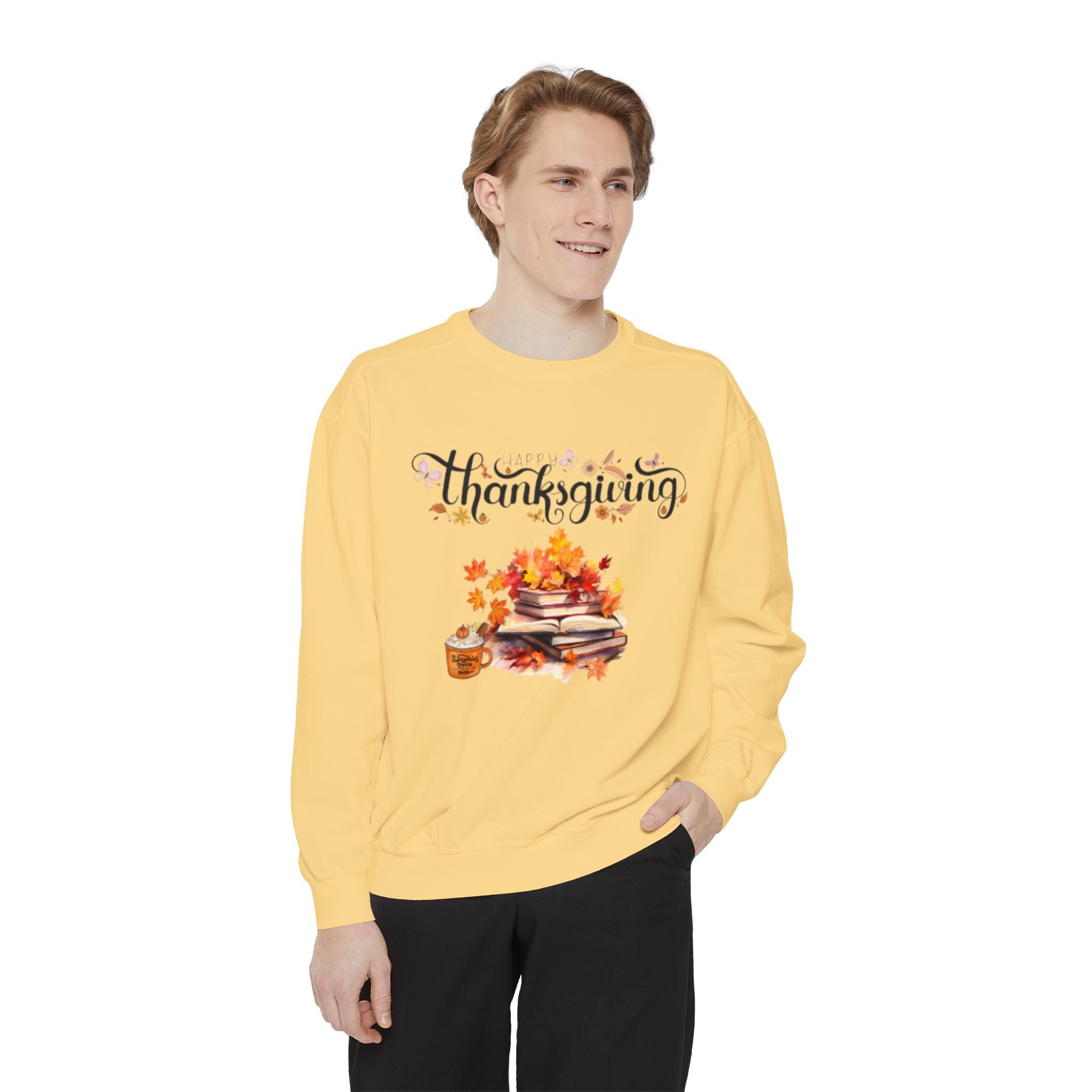 Thanksgiving Cozy Sweatshirt — Autumn Leaves & Pumpkin Pie Graphic