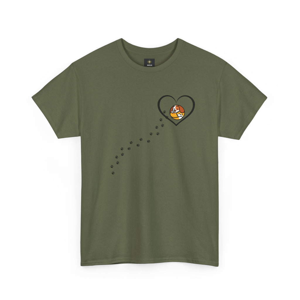 Cat Paw Trail Heart Tee — Cute Kitty Pawprint T‑Shirt