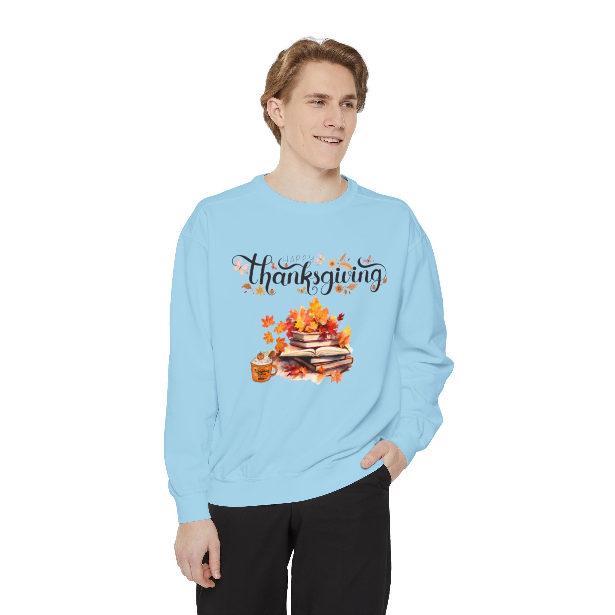 Thanksgiving Cozy Sweatshirt — Autumn Leaves & Pumpkin Pie Graphic