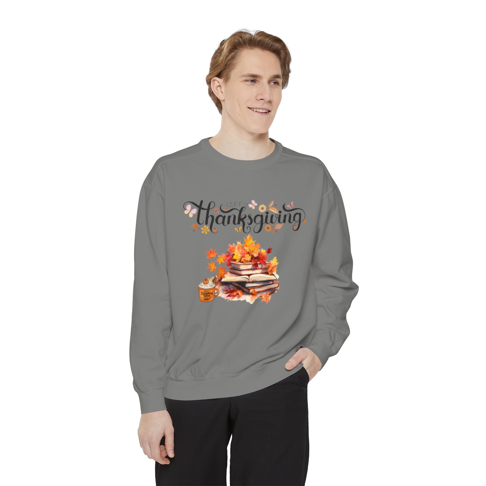 Thanksgiving Cozy Sweatshirt — Autumn Leaves & Pumpkin Pie Graphic