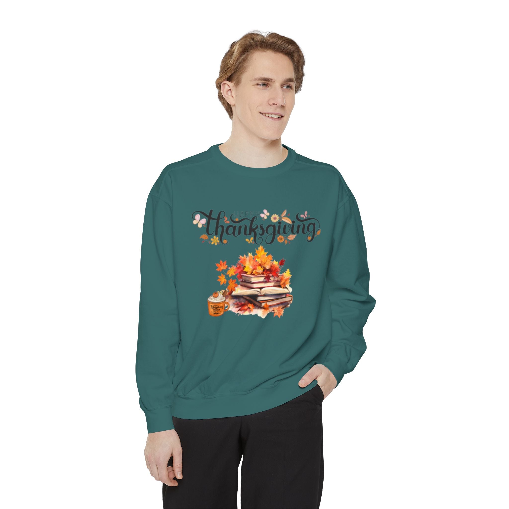 Thanksgiving Cozy Sweatshirt — Autumn Leaves & Pumpkin Pie Graphic