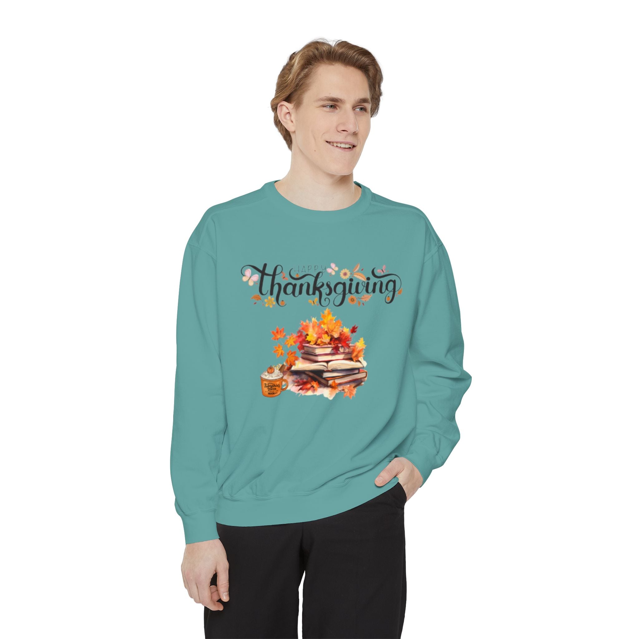 Thanksgiving Cozy Sweatshirt — Autumn Leaves & Pumpkin Pie Graphic