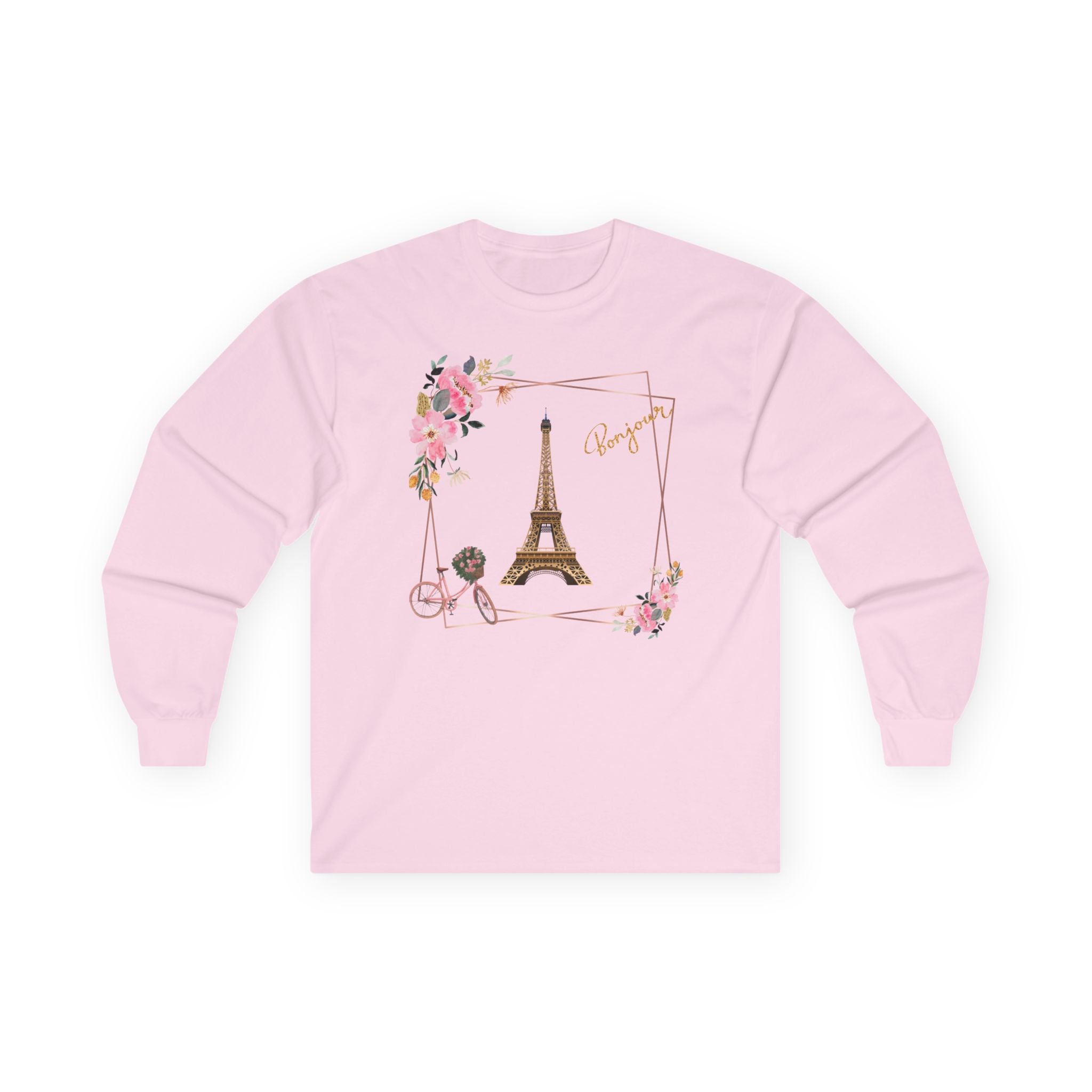 Paris Eiffel Tower Floral Long Sleeve Tee — Bonjour Script Design