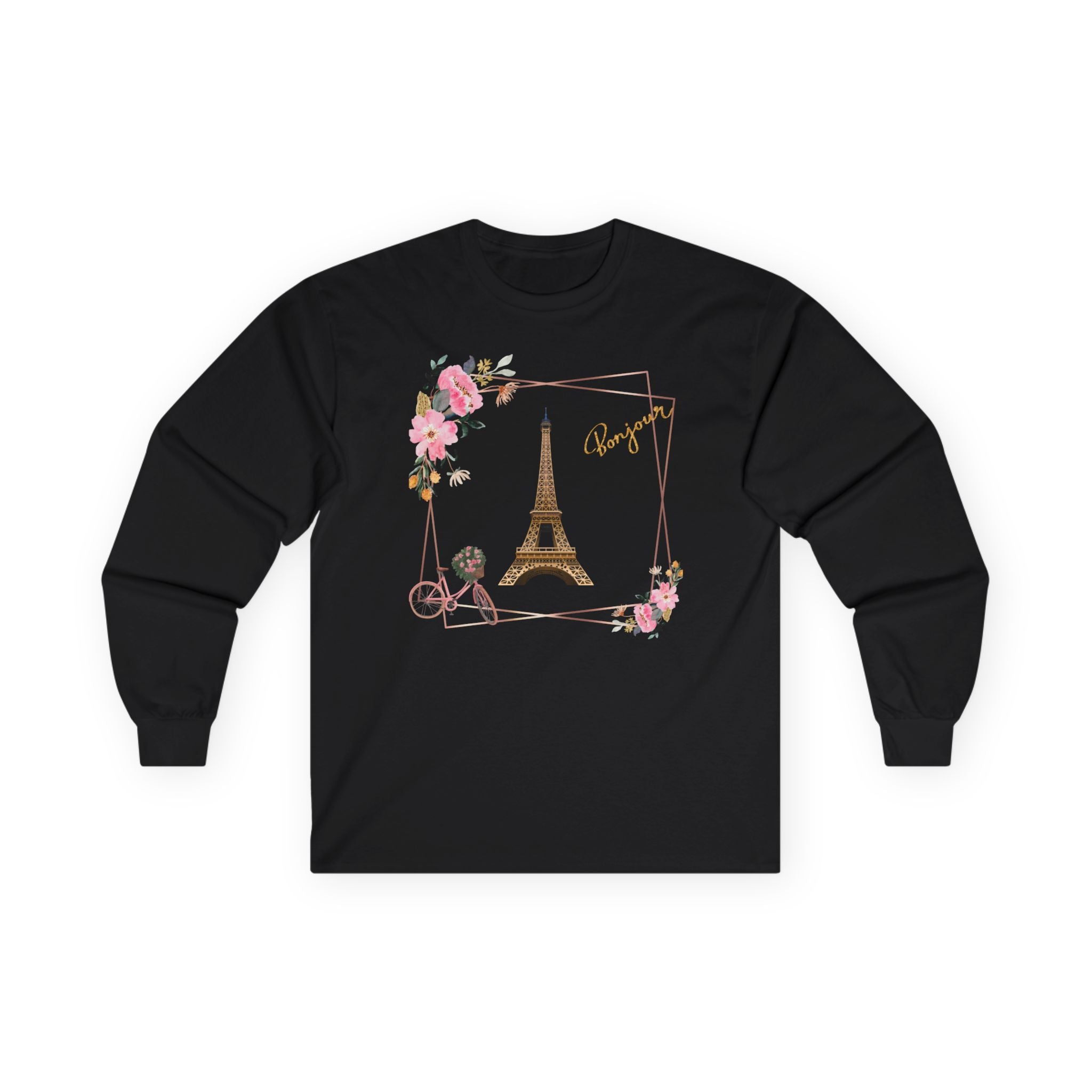 Paris Eiffel Tower Floral Long Sleeve Tee — Bonjour Script Design
