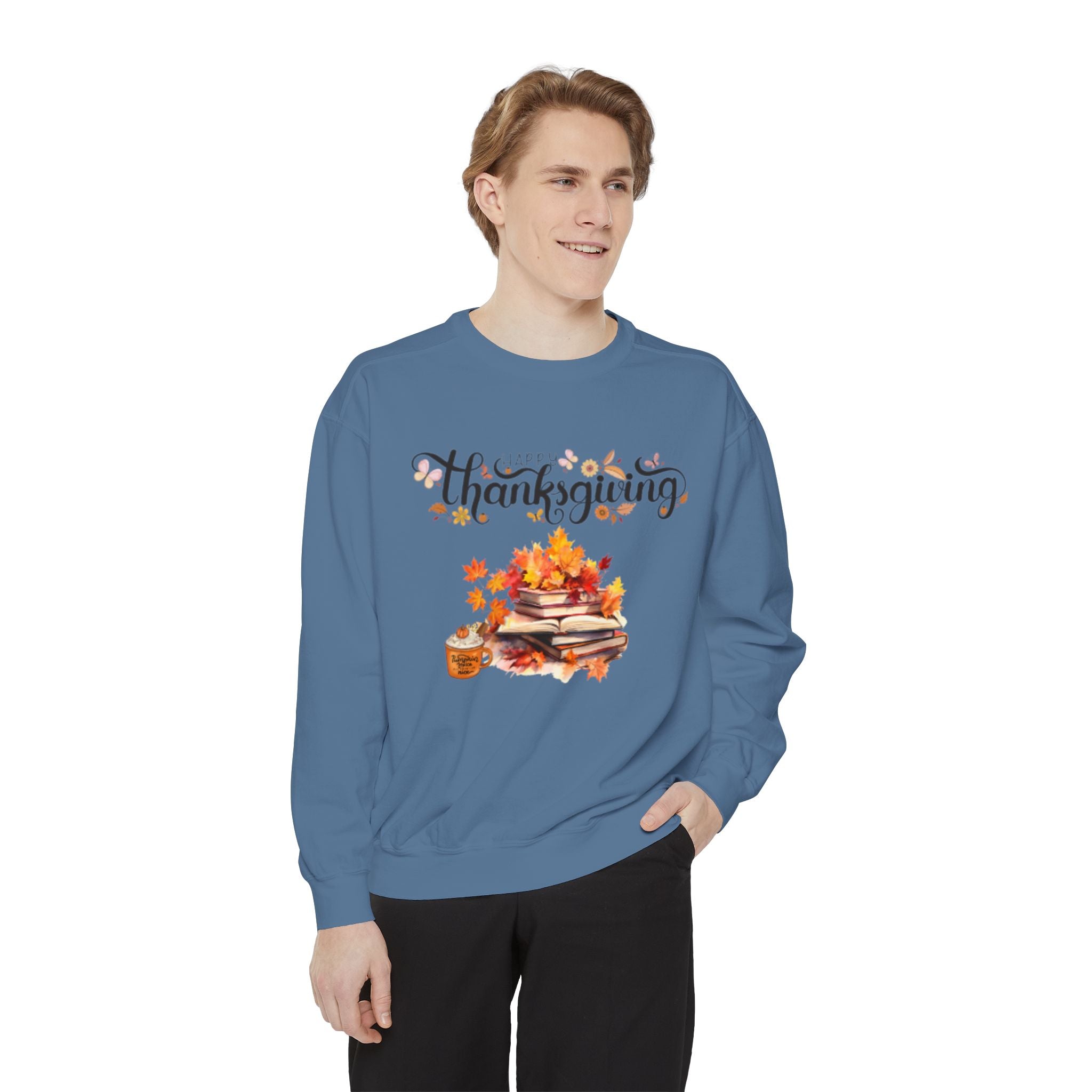 Thanksgiving Cozy Sweatshirt — Autumn Leaves & Pumpkin Pie Graphic