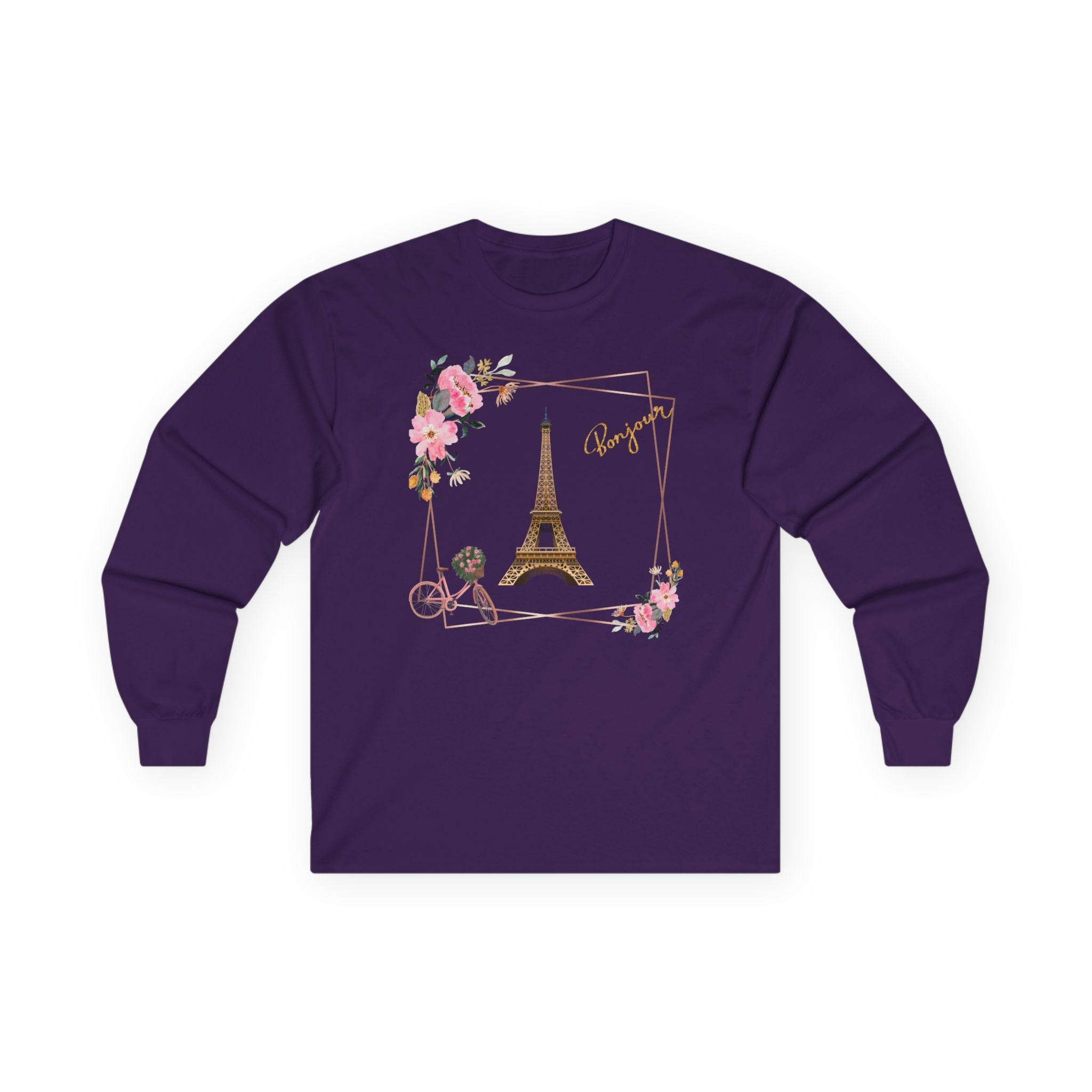 Paris Eiffel Tower Floral Long Sleeve Tee — Bonjour Script Design
