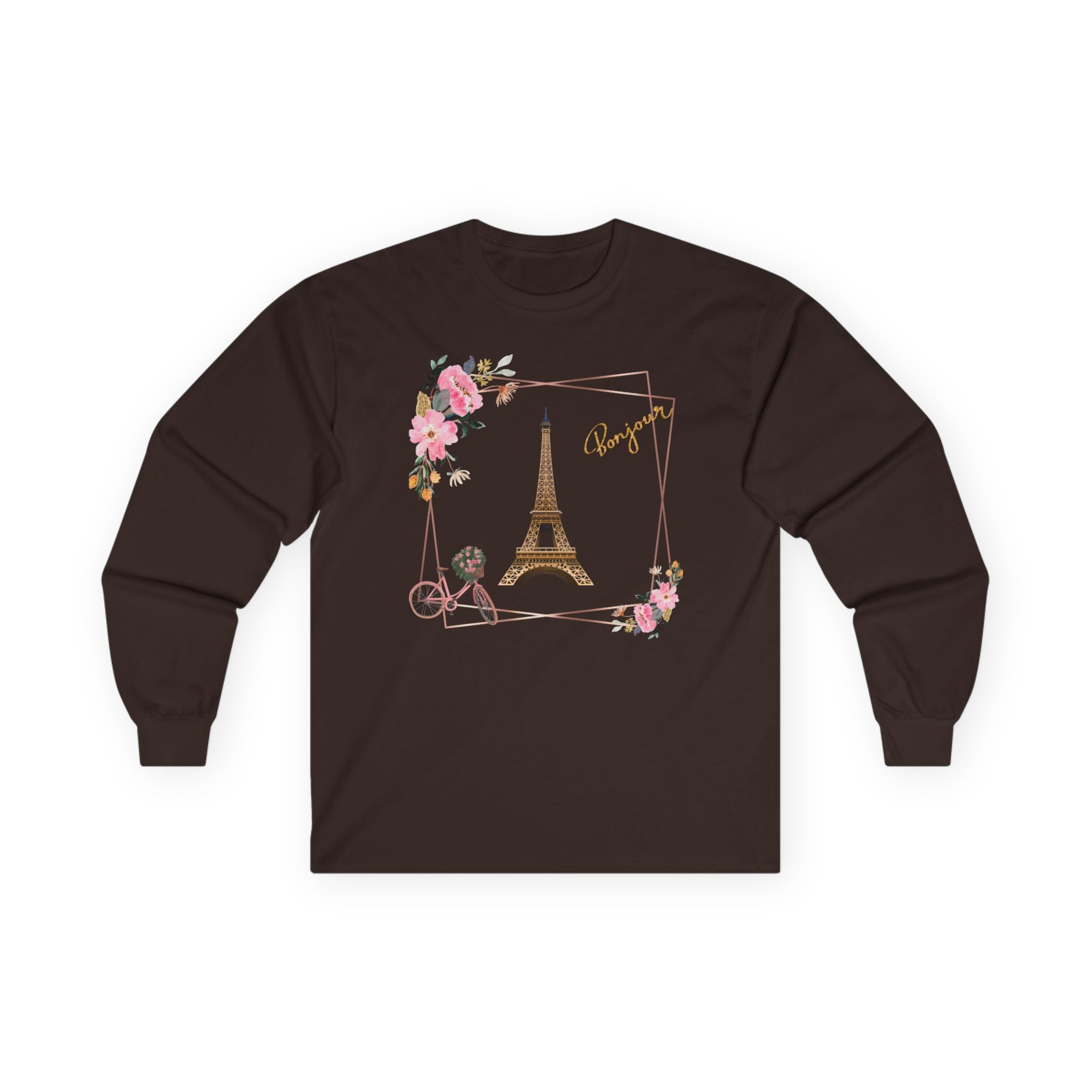 Paris Eiffel Tower Floral Long Sleeve Tee — Bonjour Script Design