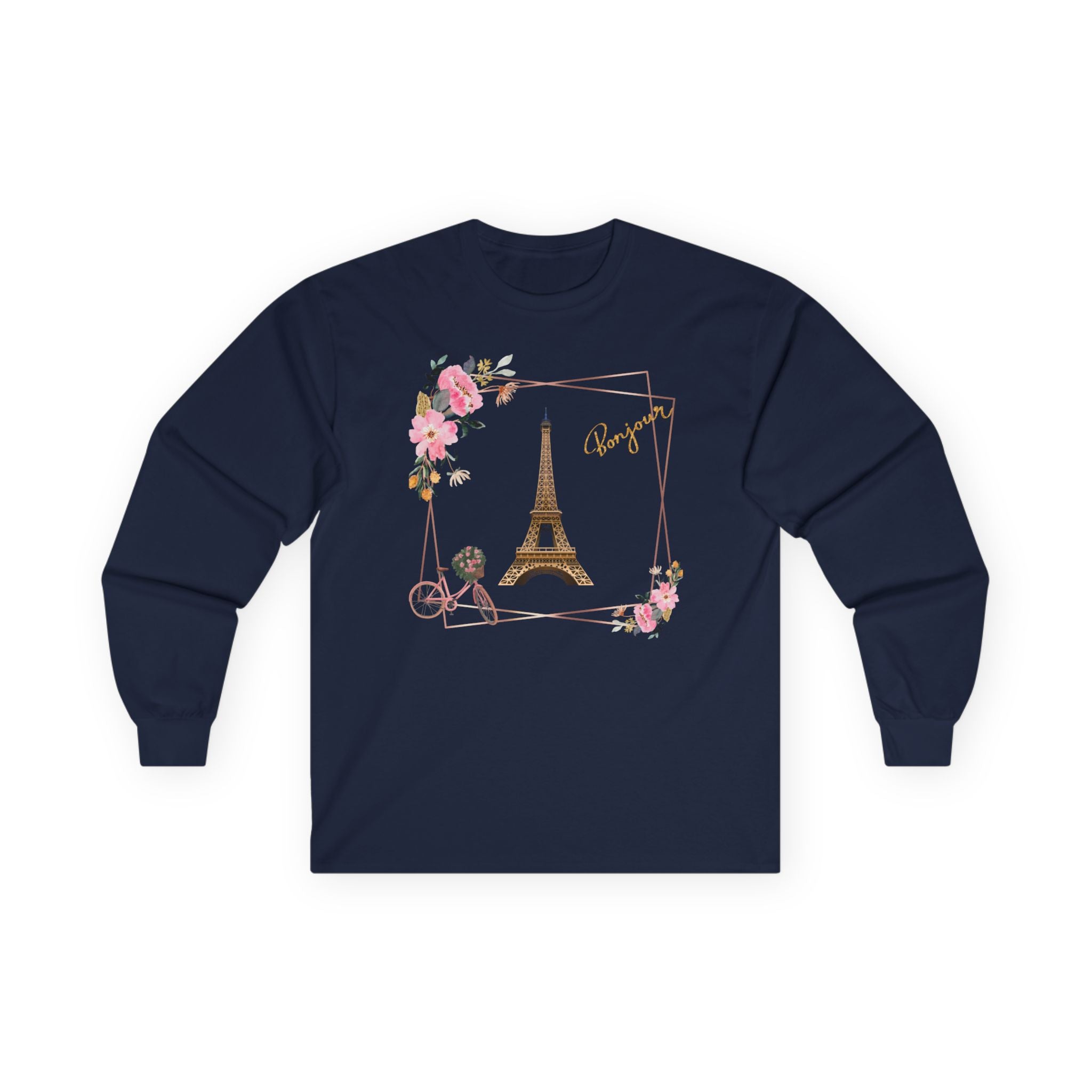 Paris Eiffel Tower Floral Long Sleeve Tee — Bonjour Script Design