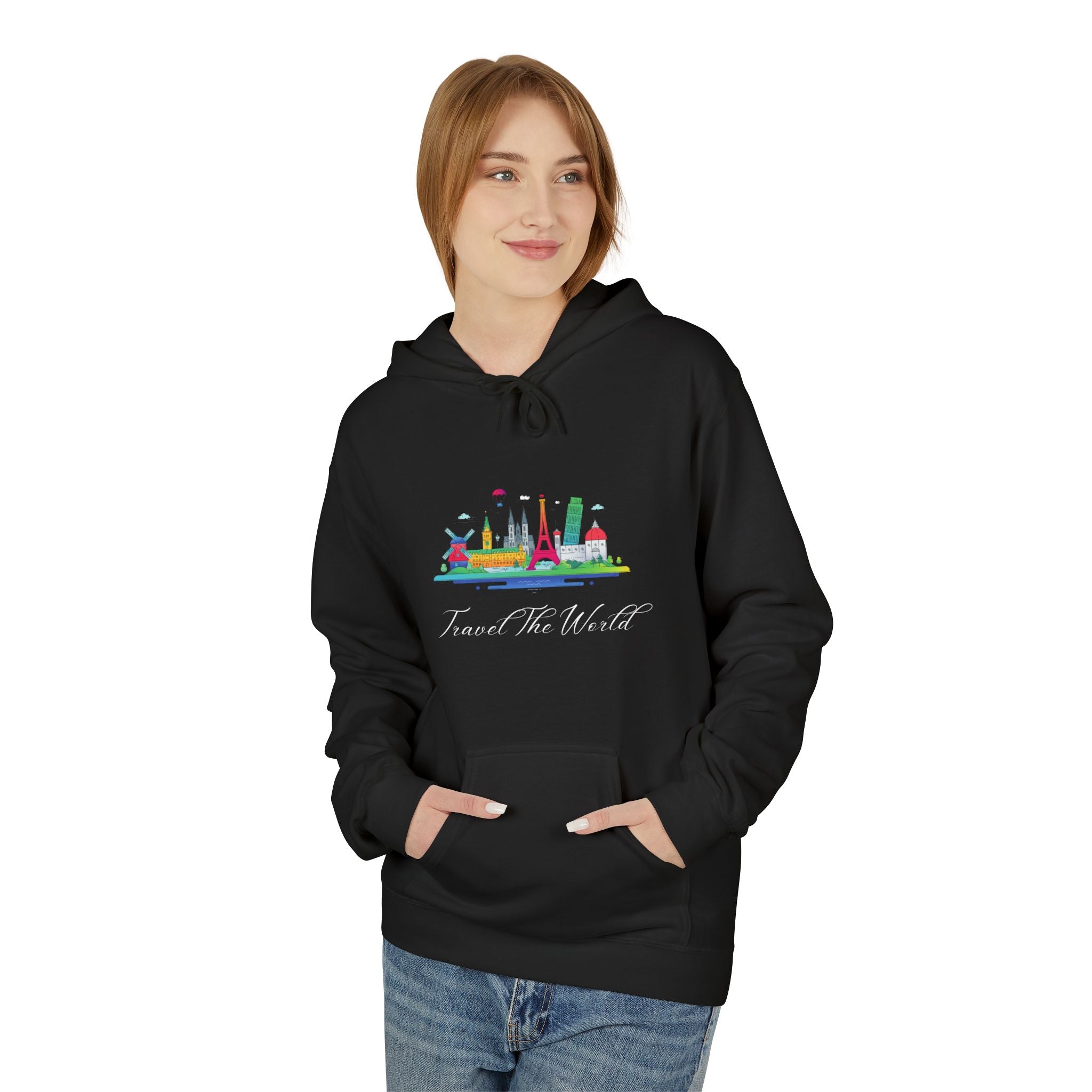 Travel The World Hoodie — Colorful Skyline Travel Pullover