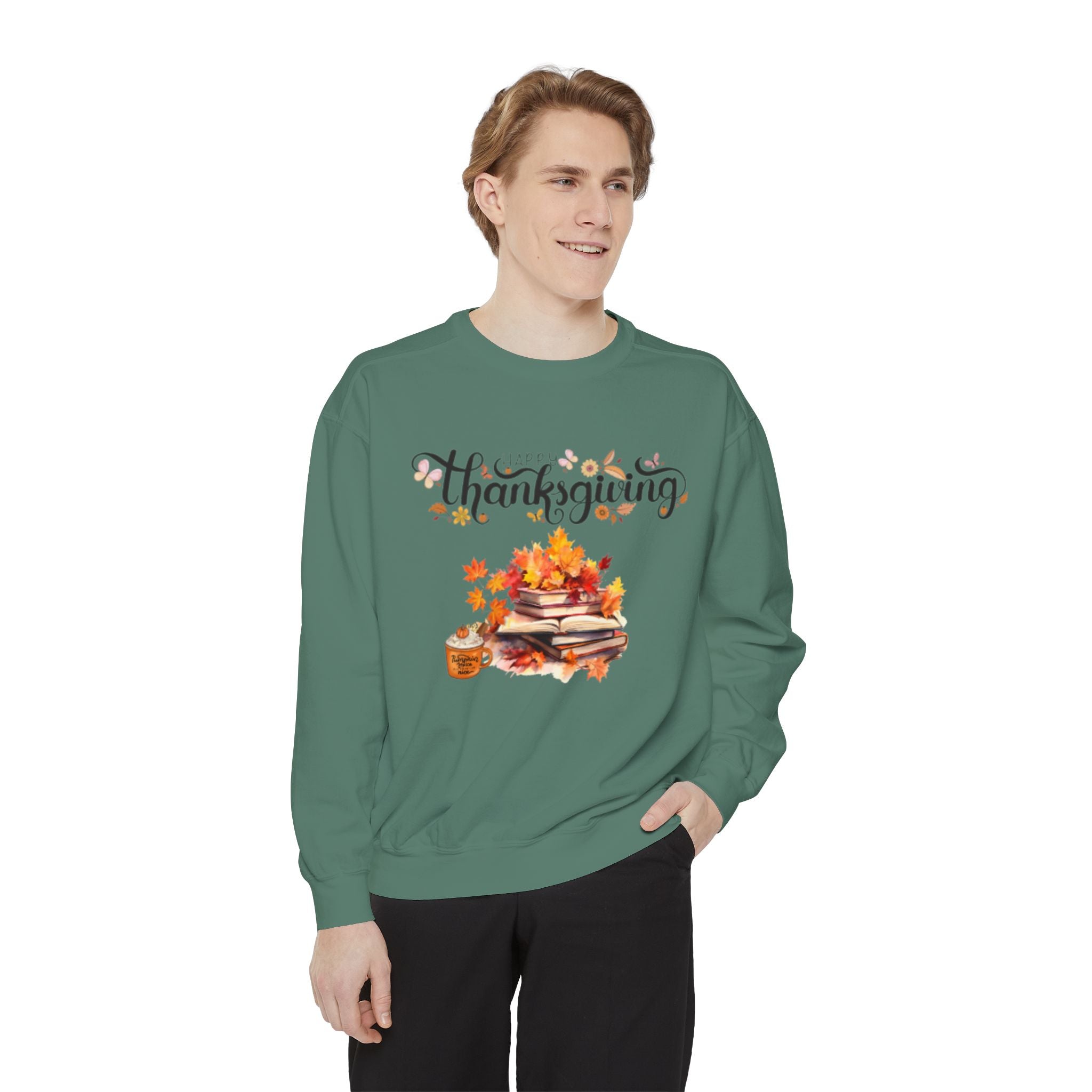 Thanksgiving Cozy Sweatshirt — Autumn Leaves & Pumpkin Pie Graphic