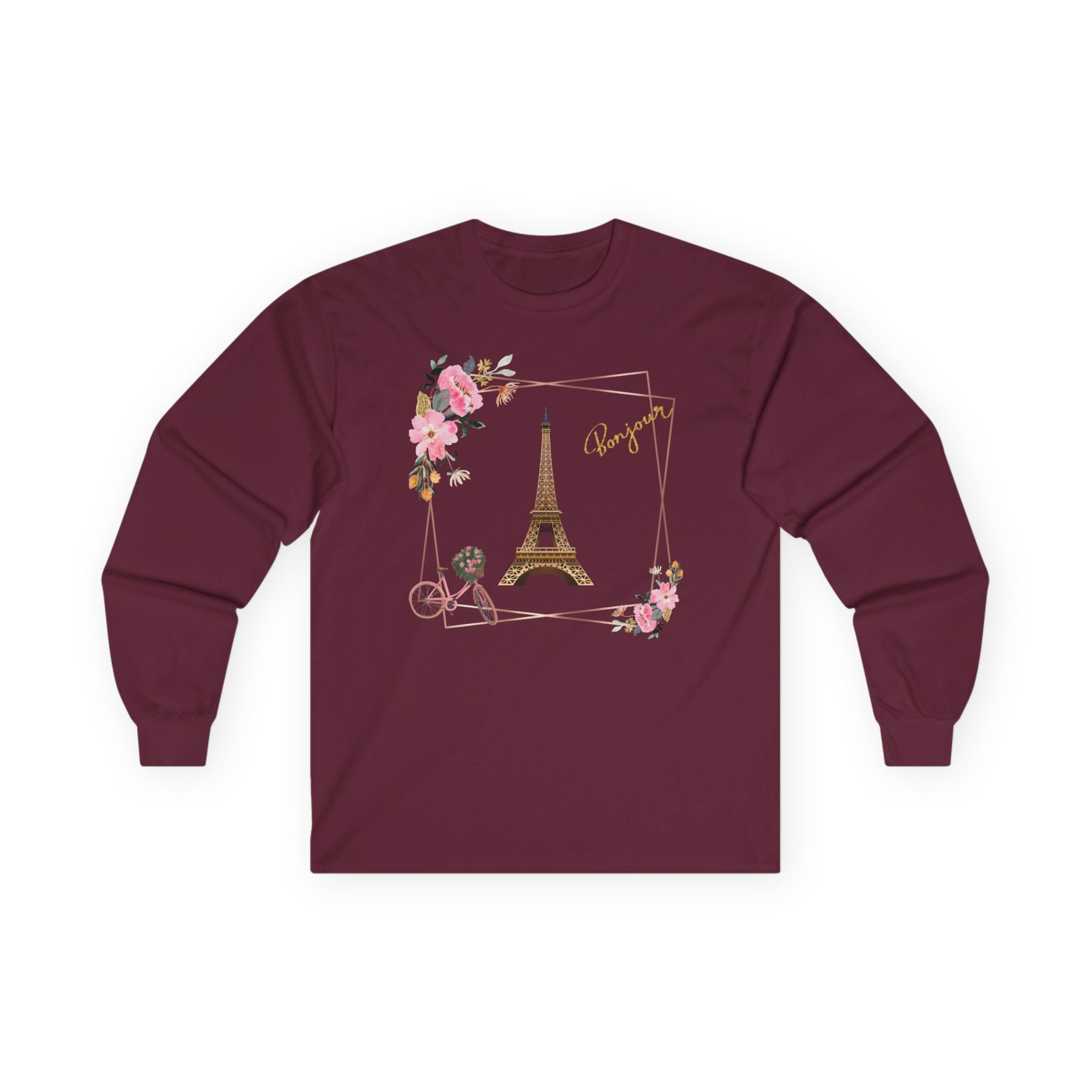 Paris Eiffel Tower Floral Long Sleeve Tee — Bonjour Script Design